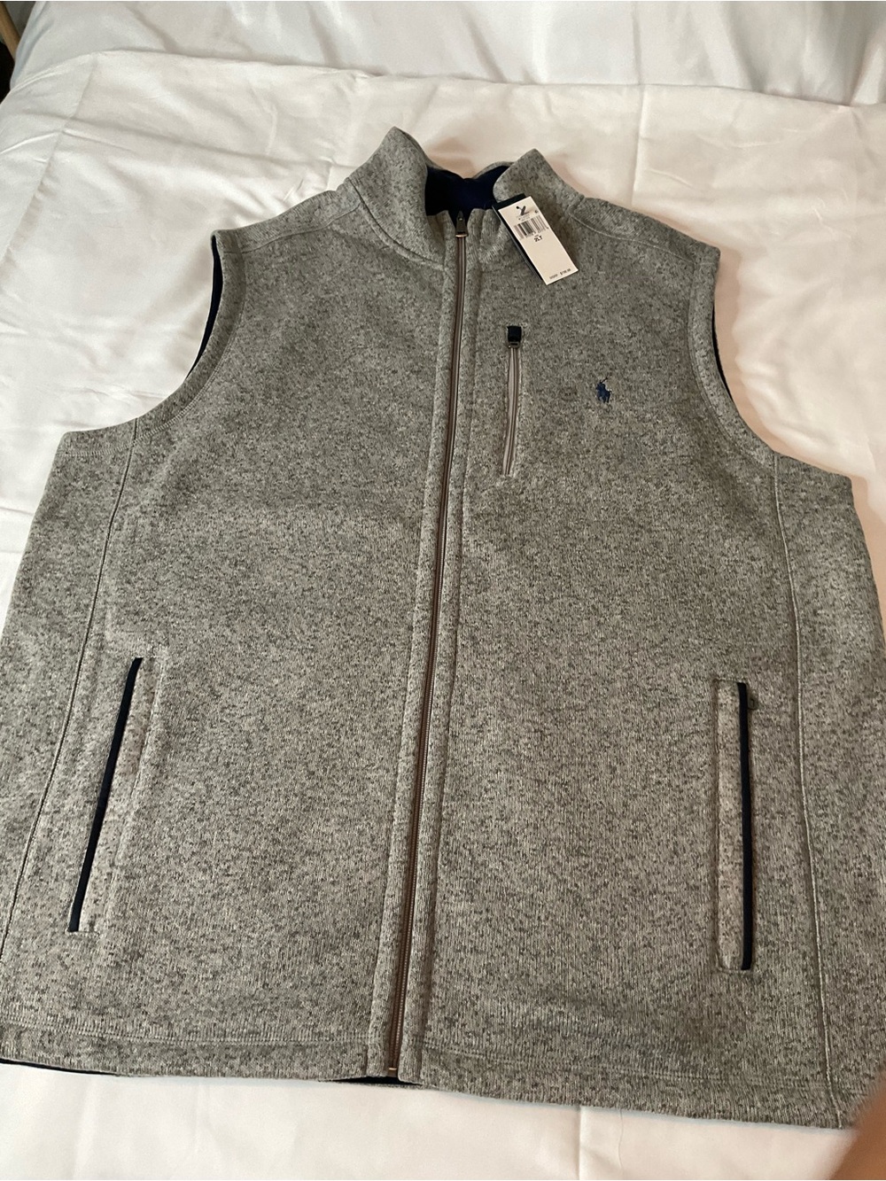 Ralph Lauren Gray Fleece Sleeveless Zip Vest with Navy Logo